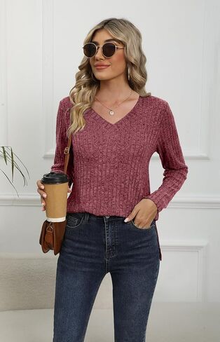DouBCQ Womens Long Sleeve Shirts Casual V Neck Tunic Tops Fashion Loose Fall Sweaters in Saudi Arabia