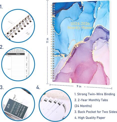 مخطط شهري 2024-2026 - مخطط تقويم شهري، 24 مخطط شهري مع علامات تبويب وجيب، يوليو 2024 - يونيو 2026، 8.5 بوصة × 11 بوصة، 2025-2026 مخطط شهري مع جهات الاتصال وكلمات المرور، غطاء أزرق in Kuwait