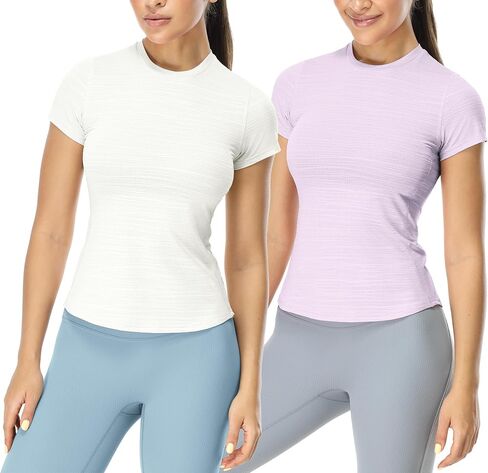 icyzone Women's Short Sleeve Workout T-Shirt Athletic Tees Breathable Gym Running Yoga Tops Slim Fit (Pack of 2) in Kuwait
