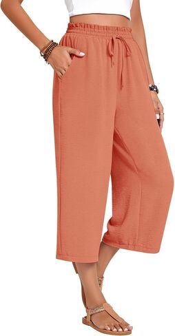 Womens Capri Pants Wide Leg High Waisted Lounge Pants Drawstring Casual Loose Palazzo Pants Trousers with Pockets in Saudi Arabia