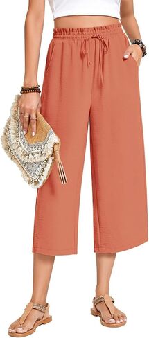 Womens Capri Pants Wide Leg High Waisted Lounge Pants Drawstring Casual Loose Palazzo Pants Trousers with Pockets in Saudi Arabia