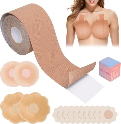 مجموعة شريط Meegoo Boob - شريط Boobytape لرفع الثدي مع شريط واحد للجسم، قطعتين من بتلات الثدي السيليكون، قطعتين من فطائر رفع الثدي، 10 قطع من ملصقات الحلمة الساتان، شريط BoobTape للثدي الكبير A-G Cup Beige in Kuwait