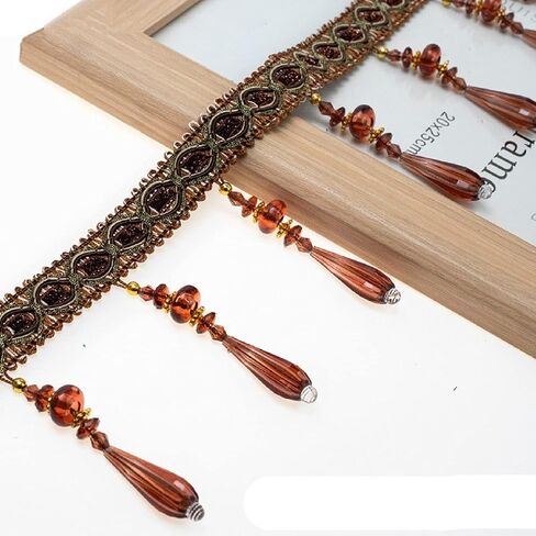 Yalulu 4 Yards Braid Hanging Beads Pendant Tassel Trim Hanging Ball Fringe Fabric Ribbon Trimming DIY Craft Sewing Accessory for Home Curtain Decoration (Deep Coffee) in Saudi Arabia
