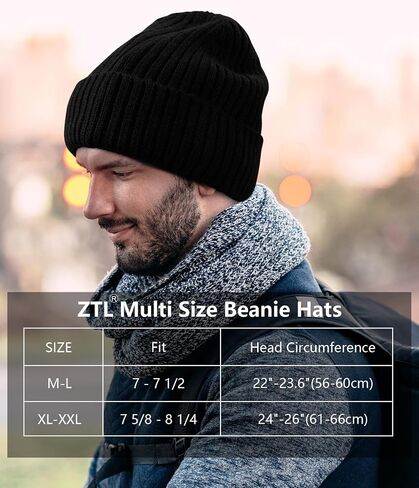 ZTL M/L/XL/XXL Merino Wool Beanie for Men Women, Fleece Lined Large Winter Hat, Big Knitted Cuffed Beanie Ski Skull Cap in Kuwait