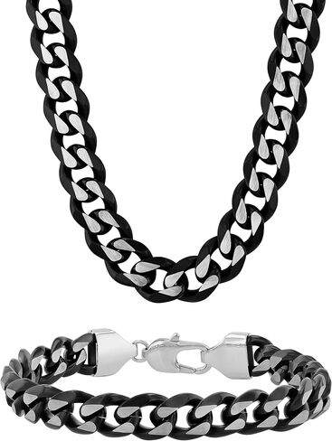 Stainless Steel Black Curb Link Chain Bracelet Set for Men 24" Necklace 8.5" Hypoallergenic and Robust in Kuwait