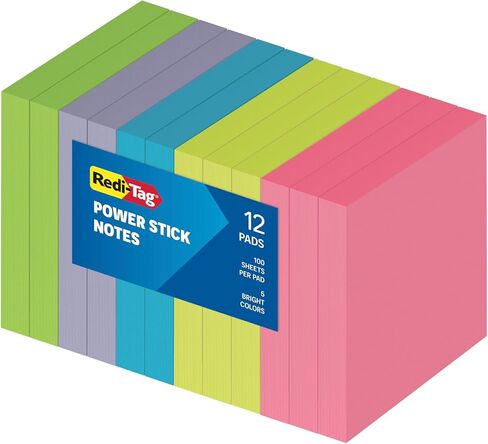 Redi-Tag Sticky Notes, Power Stick Notes, Adhesive Reminders, 3" x 3" Reusable Notes, Strong Adhesive Memos, Assorted Bright Colors, 12 Pack (1000976) in Saudi Arabia