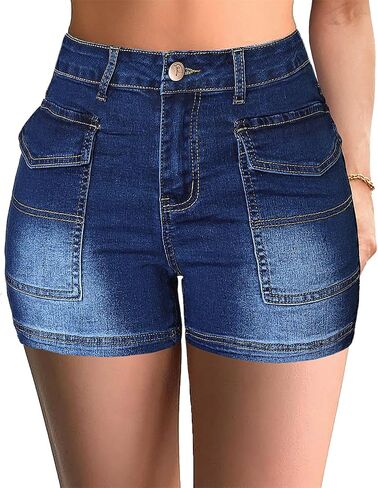 Atditama Women's Flap Pocket Denim Cargo Shorts High Waisted Skinny Slim Jean Shorts 3.5" Inseam Women Shorts in Saudi Arabia
