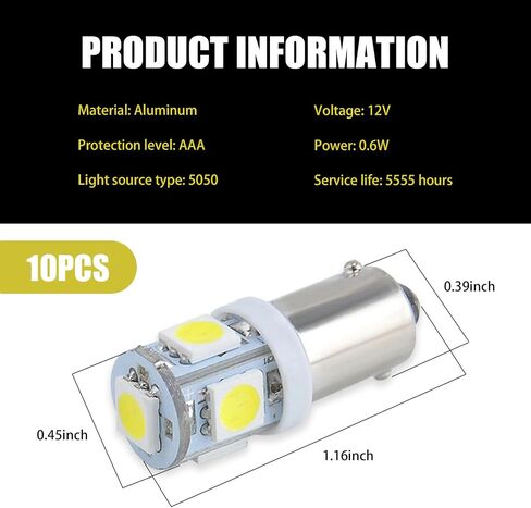 10 قطع ضوء مؤشر LED للسيارة، 12 فولت BA9S-5SMD-5050 استبدال ضوء أداة السيارة، ملحقات إضاءة قراءة السيارات العالمية 0.94 بوصة × 0.35 بوصة × 0.47 بوصة لشاحنة سيارات الدفع الرباعي (أبيض) in Saudi Arabia