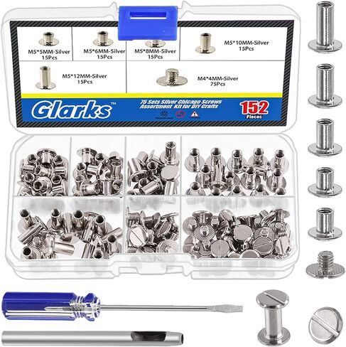 Glarks 150 Sets Bronze Chicago Screws Assorted Kit, M5 x 5mm, 6mm, 8mm, 10mm, 12mm Chicago Rivets and 4x4mm Flat Head Stud Screw, Nail Rivet Chicago Button Screw Posts Metal Accessories in Saudi Arabia