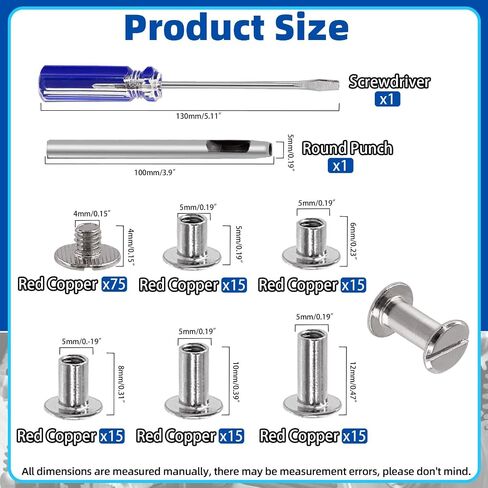 Glarks 150 Sets Bronze Chicago Screws Assorted Kit, M5 x 5mm, 6mm, 8mm, 10mm, 12mm Chicago Rivets and 4x4mm Flat Head Stud Screw, Nail Rivet Chicago Button Screw Posts Metal Accessories in Saudi Arabia