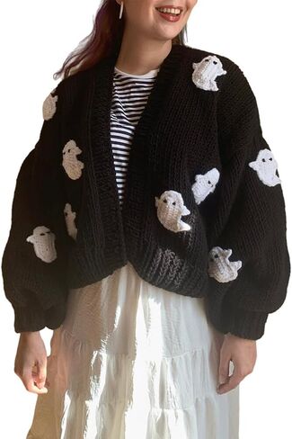 Women Ghost Halloween Cropped Long Sleeve Open Front Knitt Cardigan Sweater in Saudi Arabia