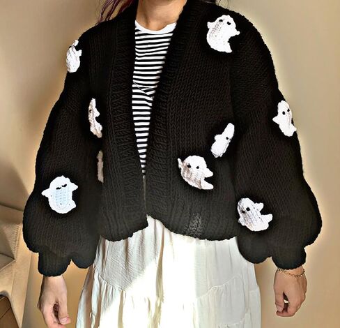 Women Ghost Halloween Cropped Long Sleeve Open Front Knitt Cardigan Sweater in Saudi Arabia
