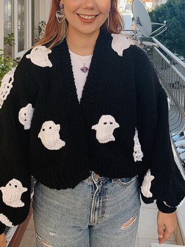 Women Ghost Halloween Cropped Long Sleeve Open Front Knitt Cardigan Sweater in Saudi Arabia