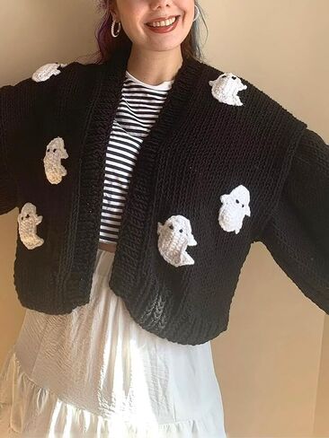 Women Ghost Halloween Cropped Long Sleeve Open Front Knitt Cardigan Sweater in Saudi Arabia