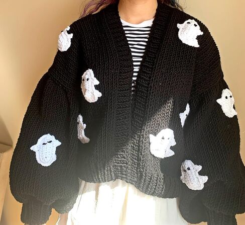 Women Ghost Halloween Cropped Long Sleeve Open Front Knitt Cardigan Sweater in Saudi Arabia