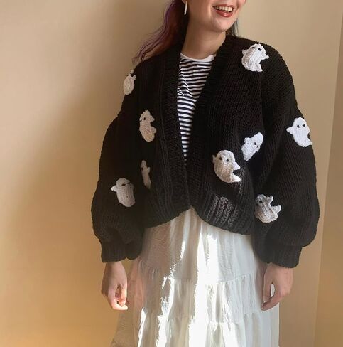 Women Ghost Halloween Cropped Long Sleeve Open Front Knitt Cardigan Sweater in Saudi Arabia