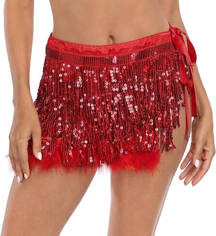 HDE Women's Sequin Tassel Fringe Skirt Fur Trim Adjustable Tie Hip Scarf Wrap in Kuwait
