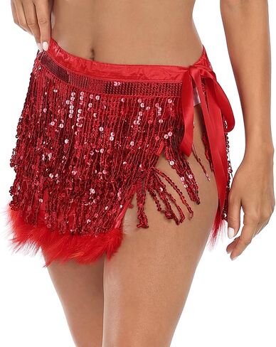 HDE Women's Sequin Tassel Fringe Skirt Fur Trim Adjustable Tie Hip Scarf Wrap in Kuwait