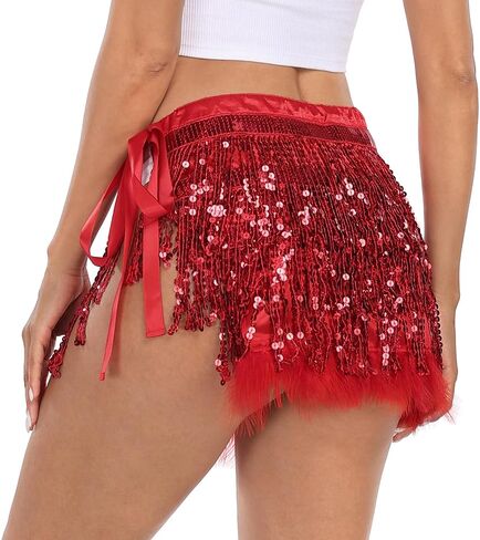 HDE Women's Sequin Tassel Fringe Skirt Fur Trim Adjustable Tie Hip Scarf Wrap in Kuwait