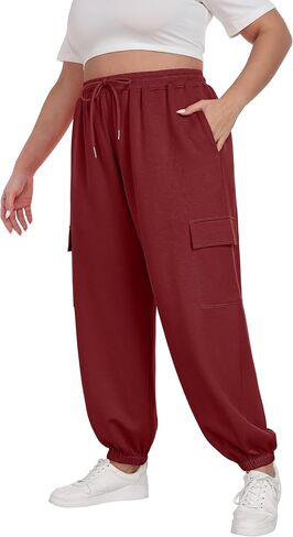 OLRIK Plus Size Pants 2025 Trendy Cargo Sweatpants Adjustable Drawstring Joggers Loose Fit Lounge Trousers with Pockets in Kuwait
