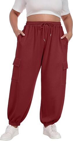 OLRIK Plus Size Pants 2025 Trendy Cargo Sweatpants Adjustable Drawstring Joggers Loose Fit Lounge Trousers with Pockets in Kuwait