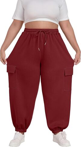 OLRIK Plus Size Pants 2025 Trendy Cargo Sweatpants Adjustable Drawstring Joggers Loose Fit Lounge Trousers with Pockets in Kuwait