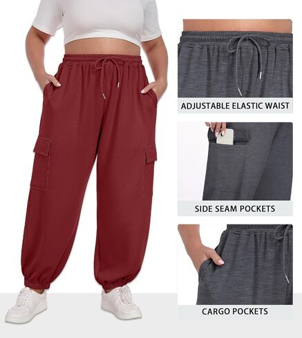OLRIK Plus Size Pants 2025 Trendy Cargo Sweatpants Adjustable Drawstring Joggers Loose Fit Lounge Trousers with Pockets in Kuwait