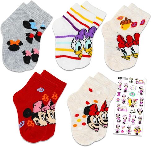 جوارب ميني ماوس للبنات - حزمة مع 5 أزواج من جوارب ميني ماوس مقاس 12-24 شهرًا للأطفال الصغار والفتيات بالإضافة إلى الملصقات | مجموعة هدايا ميني ماوس in Kuwait