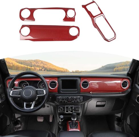 RT-TCZ لسيارة Jeep JL Center Dash Bezel غطاء الكسوة من ألياف الكربون، إطار لوحة ناقل الحركة لسيارة Jeep Wrangler JL JLU Gladiator JT 2018-2023 ملحقات داخلية من ألياف الكربون الأسود 3 قطع in Saudi Arabia