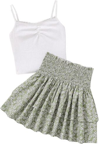 Girl's 2 Piece Outfits Lace Ruched Camisole Tops and Shirred High Waisted Layered Floral Skirts Set in Kuwait