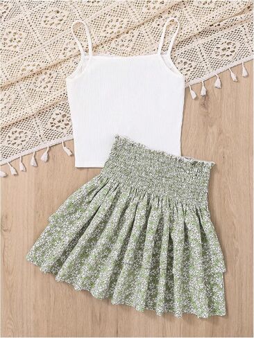 Girl's 2 Piece Outfits Lace Ruched Camisole Tops and Shirred High Waisted Layered Floral Skirts Set in Kuwait