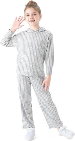 PATAPT Girls Clothing Set Fall Knit Long Sleeve Hoodie Sweatshirt and Wide Leg Pants Slouchy Casual Outfits 5-14T in Saudi Arabia