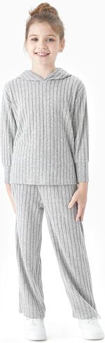 PATAPT Girls Clothing Set Fall Knit Long Sleeve Hoodie Sweatshirt and Wide Leg Pants Slouchy Casual Outfits 5-14T in Saudi Arabia