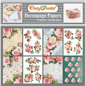 CrafTreat Rose decoupage Paper for Crafts - Romantic Flowers - Size: A4 (8.3 x 11.7 Inch) 8 Pcs - Decorative Paper for decoupage - Floral decoupage Paper for Furniture, Wood and Scrapbooking