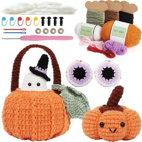 yazi Halloween Crochet Kit for Beginners,Crochet Starters Kits DIY Crochet Ghost Princess Kit Knitting kit Supplies,Ghosts, Candy Baskets,Pumpkins,Eyes, Halloween DIY Crafts with Tutorials