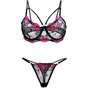 Women’s Sexy Lingerie Floral Embroidery Underwear Set Push Up Bra +G-String 2 Piece Negligees Mesh Sheer with Panties