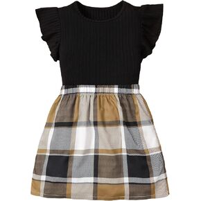 WDIRARA Girl's 2 Piece Outfits Ruffle Cap Sleeve Rib Knit Tee and Plaid Skirt Set