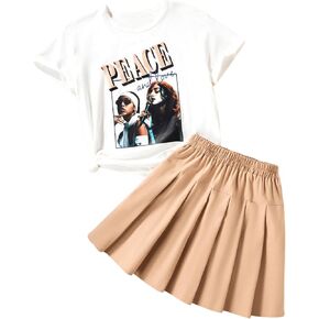 WDIRARA Girl's Letter Graphic 2 Piece Outfits Short Sleeve T-Shirt and Pleated Skirt Set