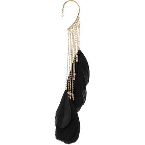 Black Feathers Elf Ear Cuff Single Left Handmade Non Piercing Earring for Women