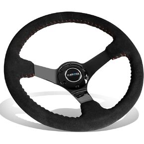 NRG Innovations NRG-RST-036GD-S عجلة قيادة معززة - عجلة قيادة رياضية مقاس 350 مم (عمق 3 بوصات) من جلد الغزال الأسود مع خياطة بيسبول حمراء - قضبان ذهبية من الكروم