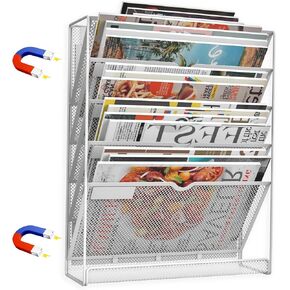 6 Tier Magnetic File Holder, No Drilling Installation File Cabinet Organizer,Black Magnetic File Holders, Magnetic Paper Holder for Refrigerator,File Cabinets, Whiteboard, White