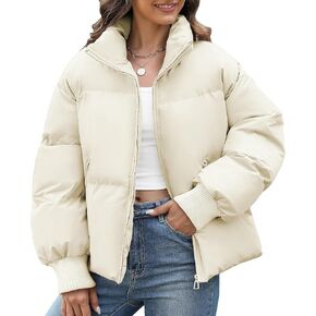HEEKPEK Womens Cropped Puffer Jacket Winter Coats Puffy Zip Up Stand Collar Warm Quilted Jackets Short Down Baggy Outwear