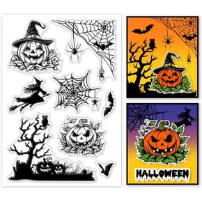 PH PandaHall Halloween Theme Clear Stamp, Pumpkin Silicone Stamp Spider Web Witch Bat Transparent Rubber Stamp Seal Paper Stamps for Halloween Card Making, Photo Albums, Scrapbooking, Gift Tags