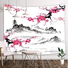 NYMB Japanese Anime Tapestry, Black and White Yin Yang Koi Fish Tapestry for Bedroom Aesthetic, Asian Wave Cherry Blossom Tapestries Poster Beach Blanket College Dorm Home Decor, 60X40in
