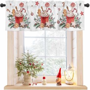 Christmas Valances for Windows/Bedroom/Living Room/Kitchen/Cafe, Gingerbread Man Coffee Cappuccino White Semi Sheer Small Curtain Valance Xmas Rod Pocket Light Filtering Window Treatment, 42" x 12"