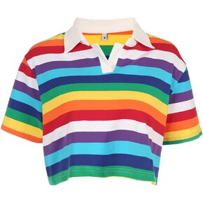 Women's Rainbow Printed Polo T-Shirt Short Sleeve Skinny Y2K Streetwear Crop Top