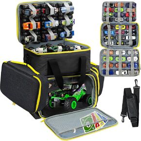 KISLANE Tote Toy Cars Storage Bag with Inner Pouches – Holds 96 Cars and 24 Monster Trucks, Toy Cars Organizer Storage for Matchbox Cars, Monster Trucks (Yellow)