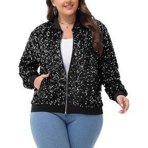 Anna-Kaci Women's Sequin Jacket Plus Size Sparkly Zip Bomber Coat With Pockets For Concert Party
