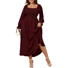 Women's Plus Size Maxi Dress Long Sleeve Square Neck Smocked Flowy A-Line Boho Wedding Party Maxi Dress