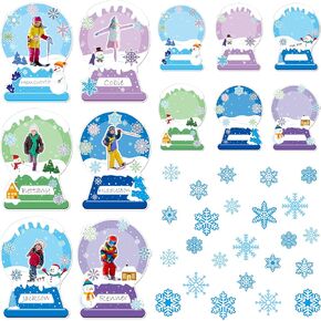 BeYumi Winter Snow Globe Cutouts - 65Pcs Photo Snow Globe Cutouts Set Xmas Name Tag Snow Glass Domes Cutout Snowflake Bulletin Board Decorations Winter School Classroom Party Activities Holiday Decor